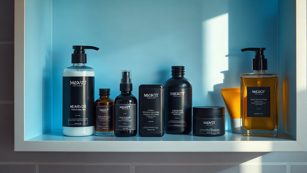 Men's grooming products arranged on a bathroom shelf