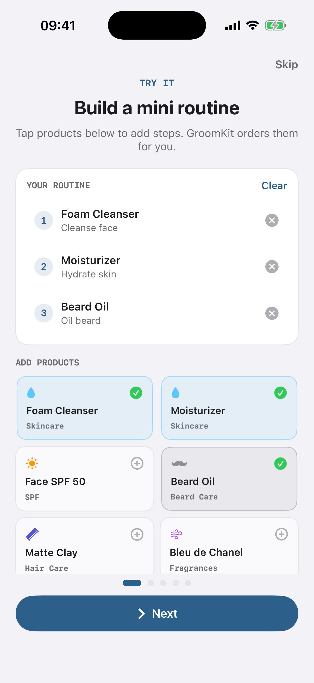 Chickgroomsik home screen with grooming stats and suggested routine